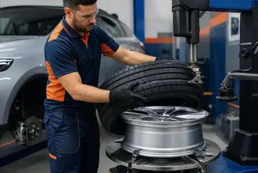 Mecânico realizando a troca de pneus em uma borracharia.