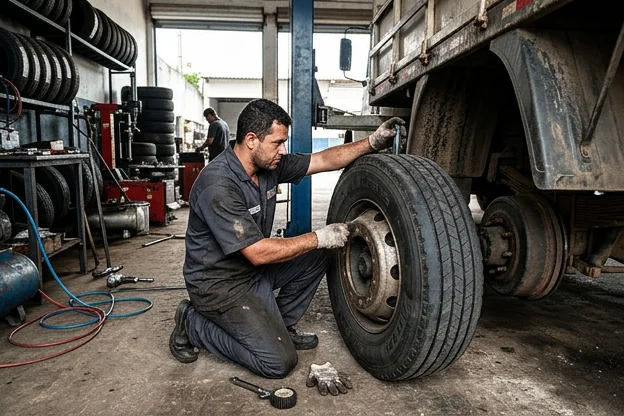 Profissional inspecionando condição de pneus.