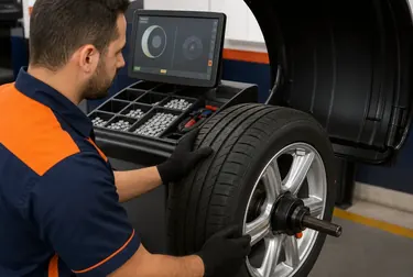 Técnico balanceando rodas em um veículo.