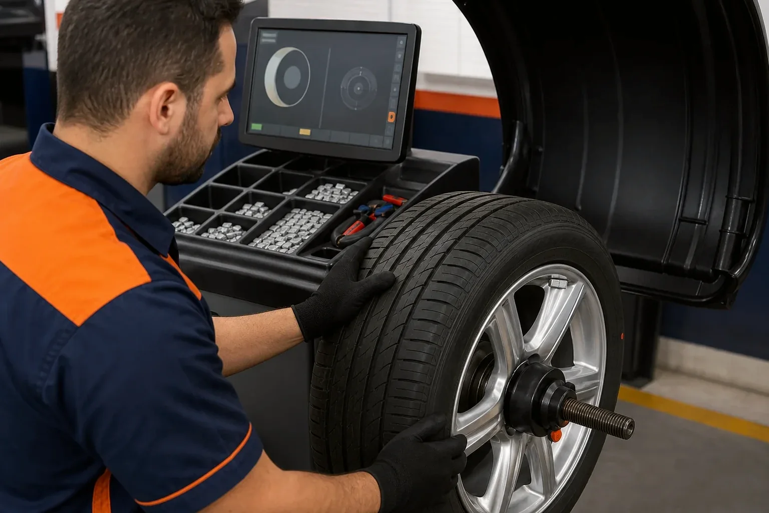 Técnico balanceando rodas em um veículo.