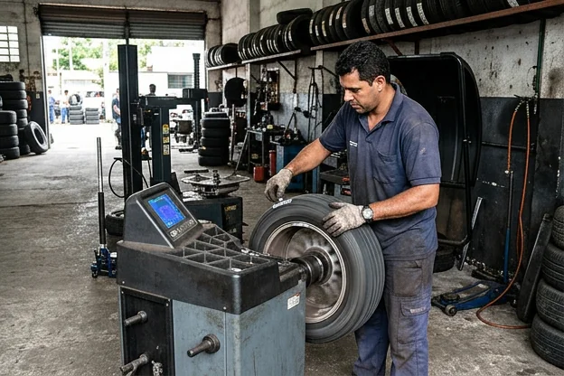 Técnico fazendo balanceamento de rodas de um carro.
